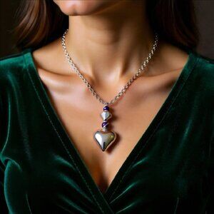 Chunky Heart Necklace ~ Amethyst Beads & Ornate Chain! Sexy Mom or Lovers Gift